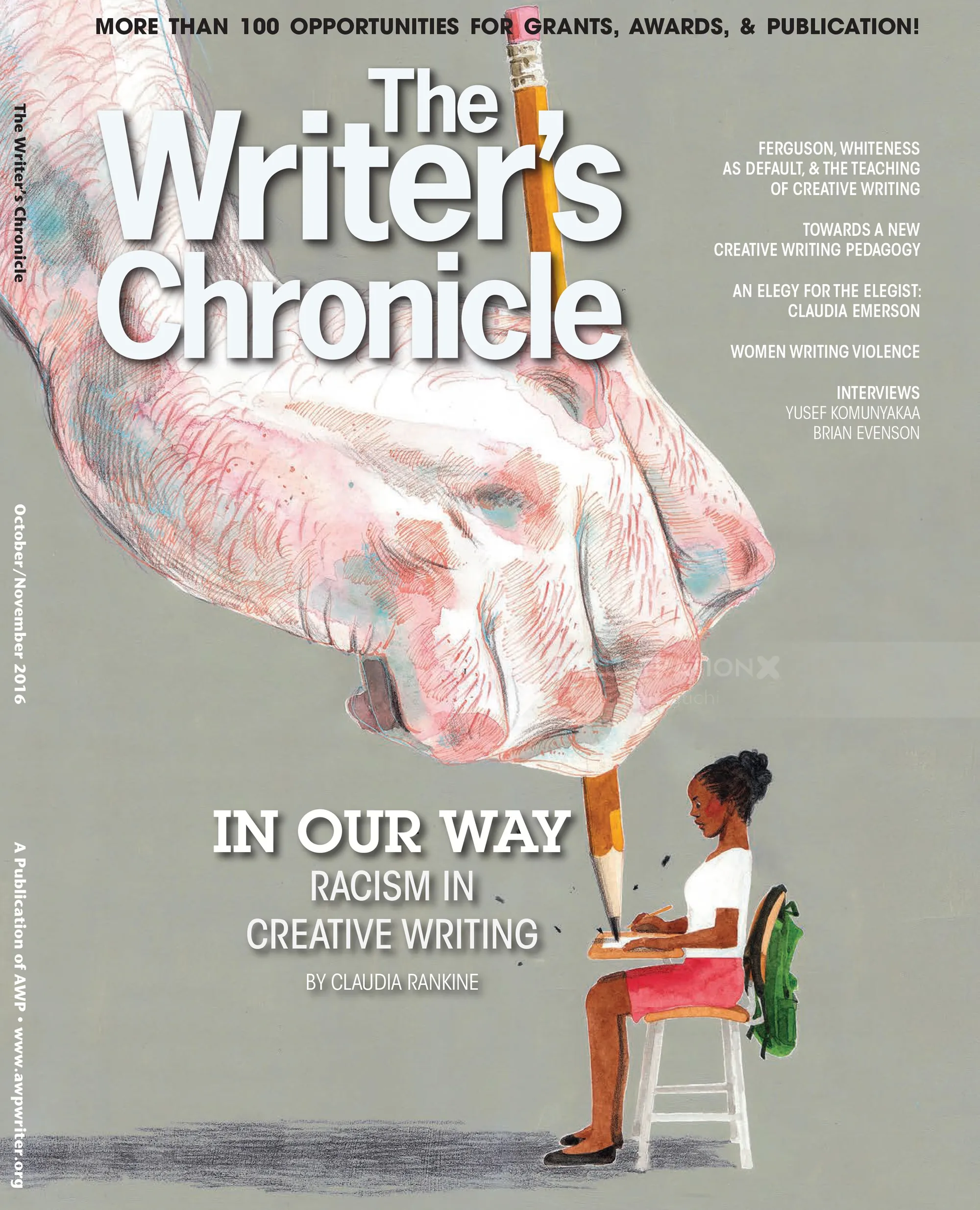Illustration of large hand pulling a pencil from a seated writer by Maki Yamaguchi