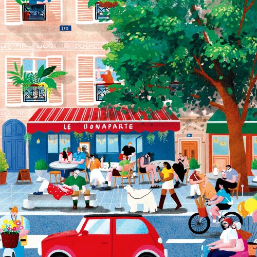 Illustration of a busy café street scene with people, a red car, and a large tree by Makoon