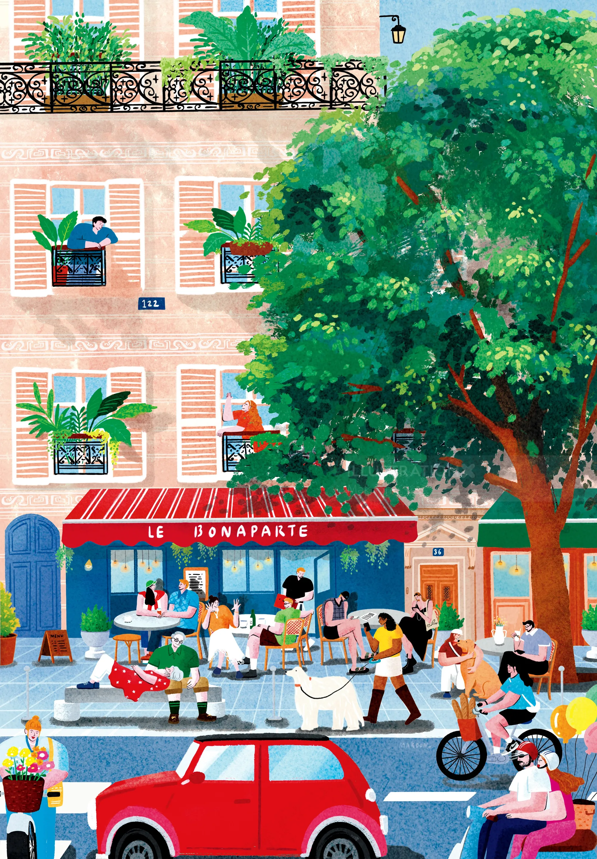 Illustration of a busy café street scene with people, a red car, and a large tree by Makoon