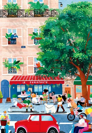 European Café Street Scene with Red Car | Illustration by Makoon