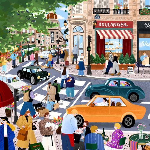City street scene with pedestrians, cafes, cars, and lively urban life by Makoon