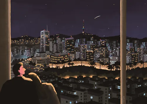 마쿤 작가의 '서울의 야경을 바라보며 홀로 생각에 잠긴 사람'
