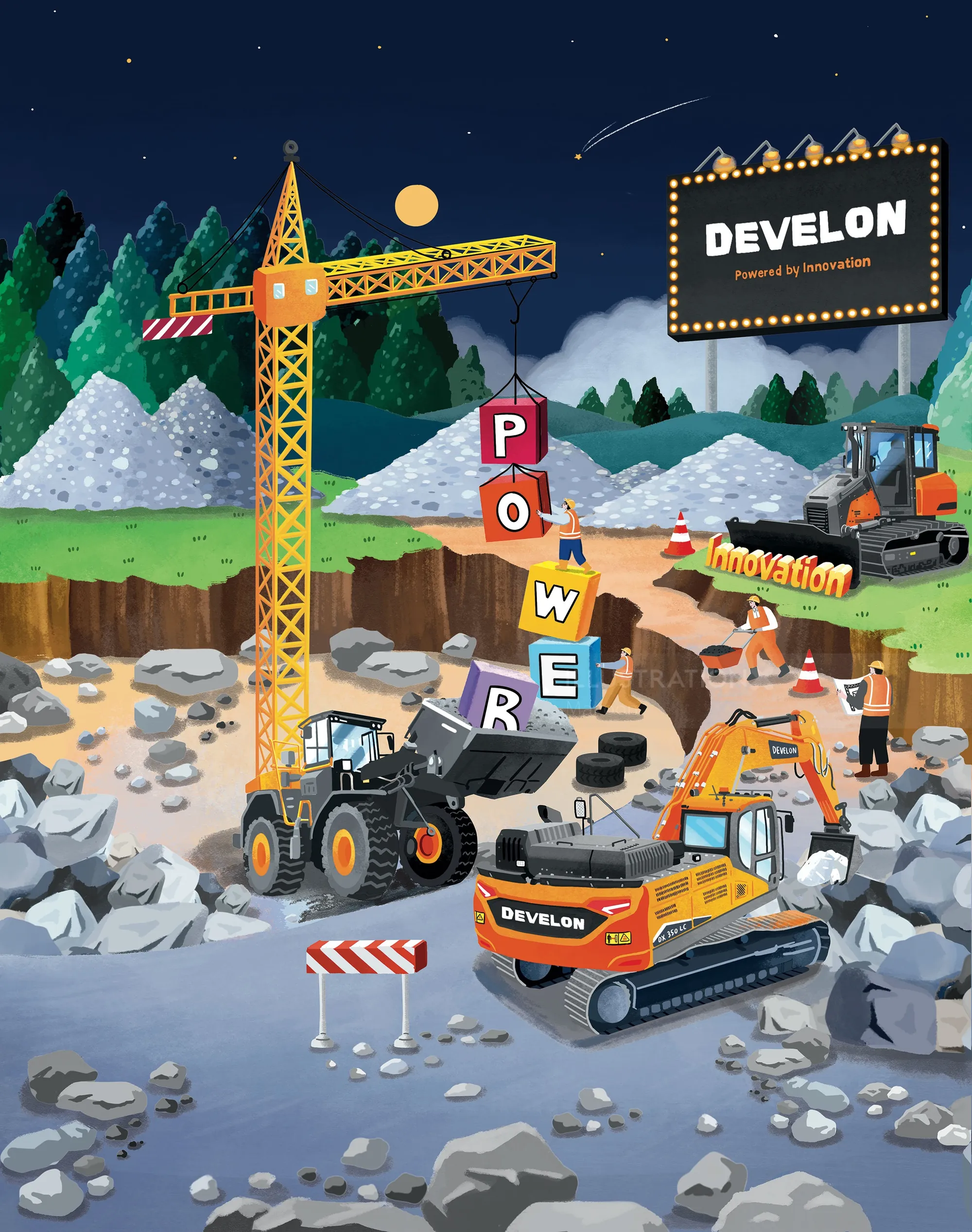 Construction site with heavy machinery and DEVELON branding by Makoon