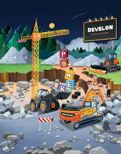 Makoon이 촬영한 중장비와 DEVELON 브랜드가 있는 건설 현장 사진입니다.