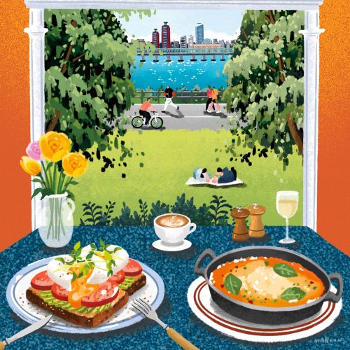 Cozy café interior with food and drinks overlooking riverside park, by Makoon