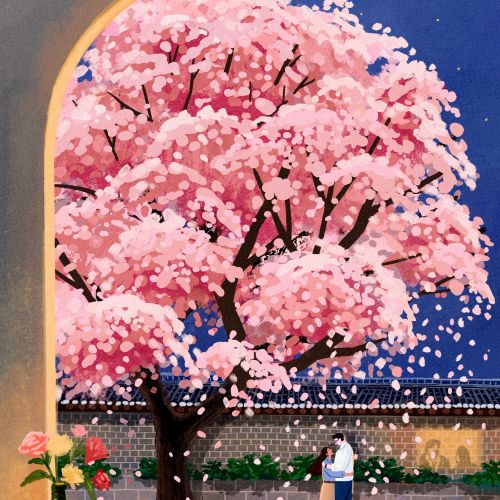 Spring cherry blossoms outside window with two people walking, by Makoon
