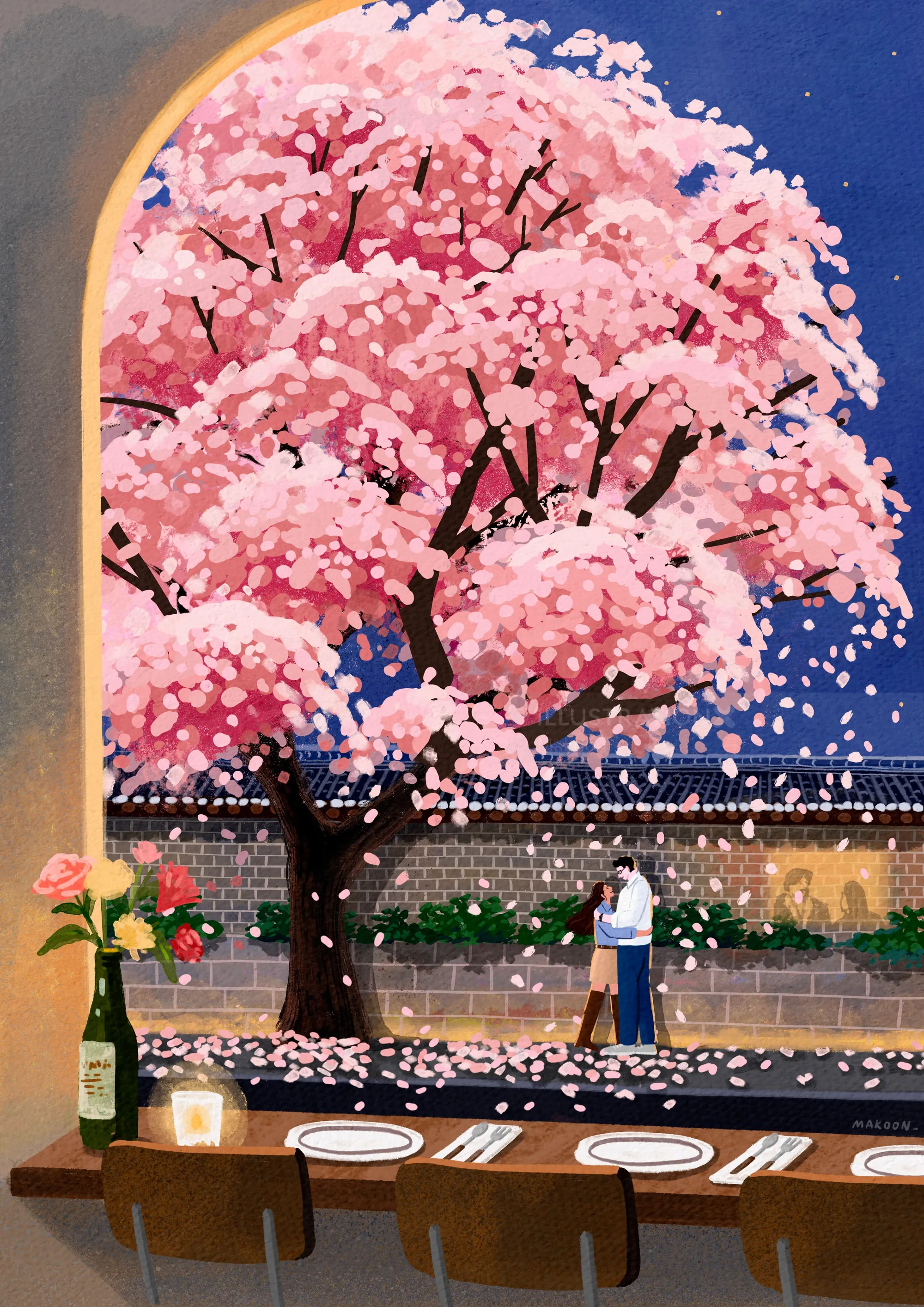 Spring cherry blossoms outside window with two people walking, by Makoon