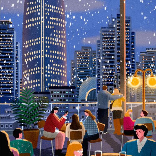 Snowy evening scene in city café by Makoon
