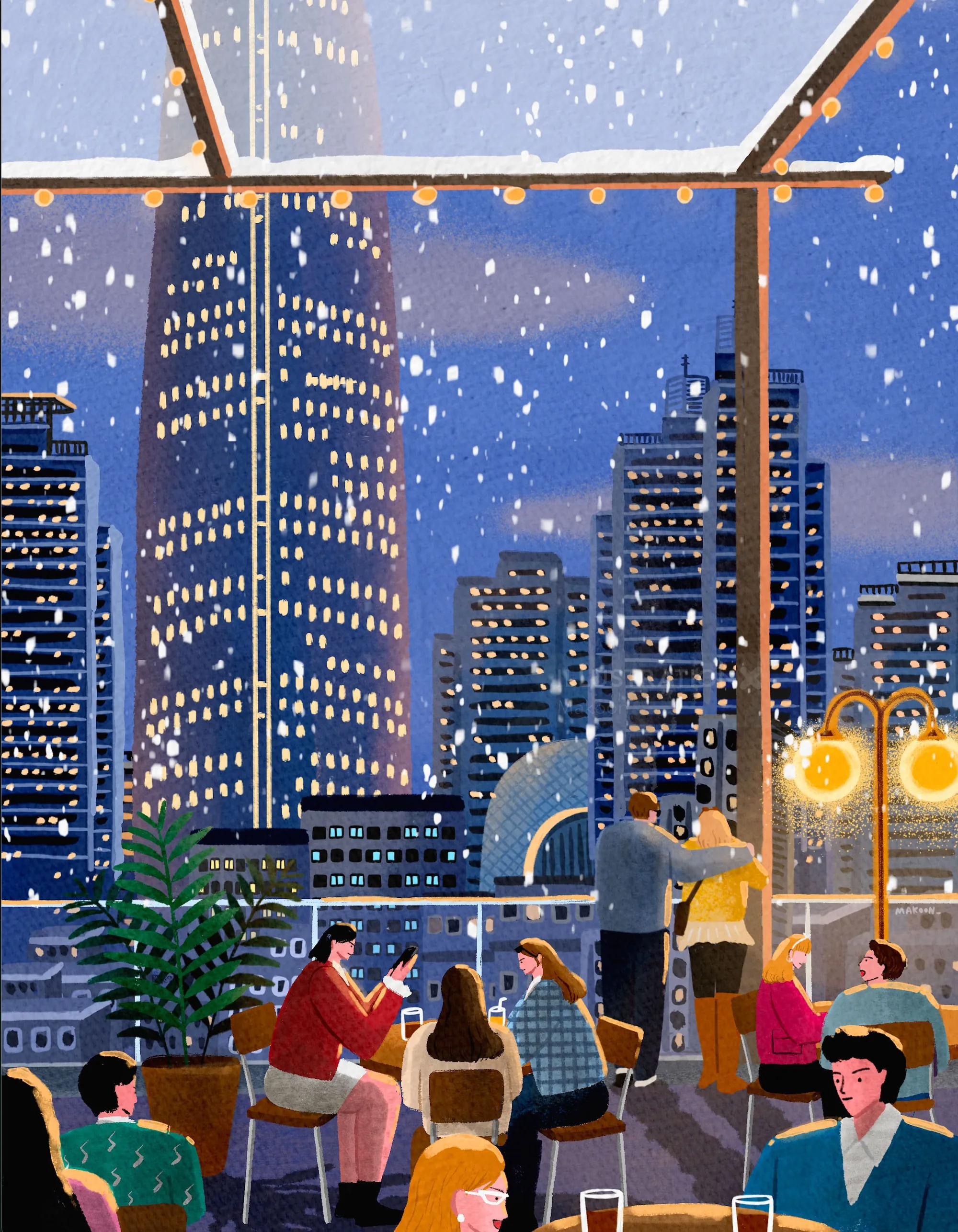 Snowy evening scene in city café by Makoon