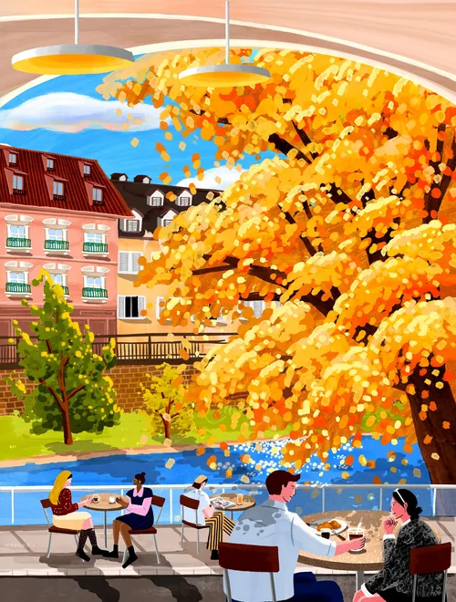 마쿤 작가의 가을 강변 풍경: 사람들과 형형색색의 단풍