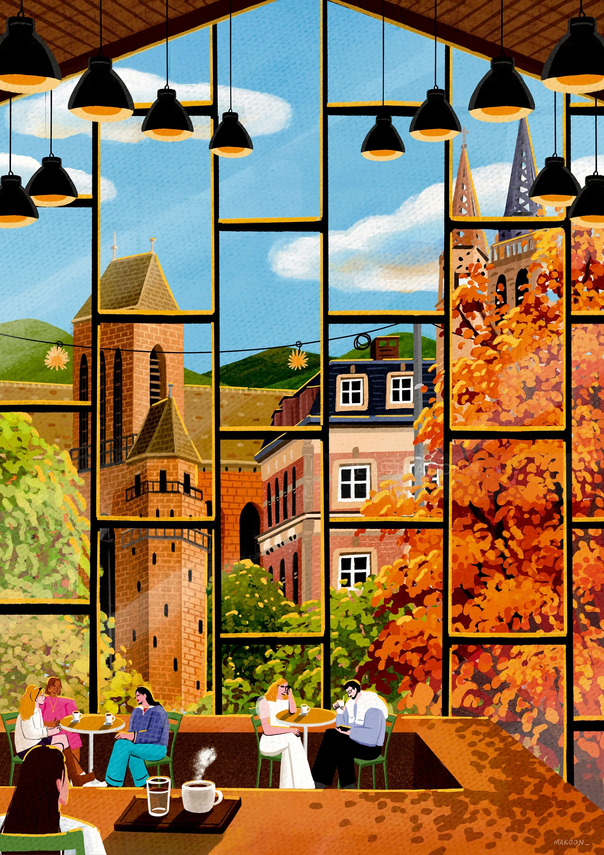 Cozy café interior overlooking European town in autumn by Makoon