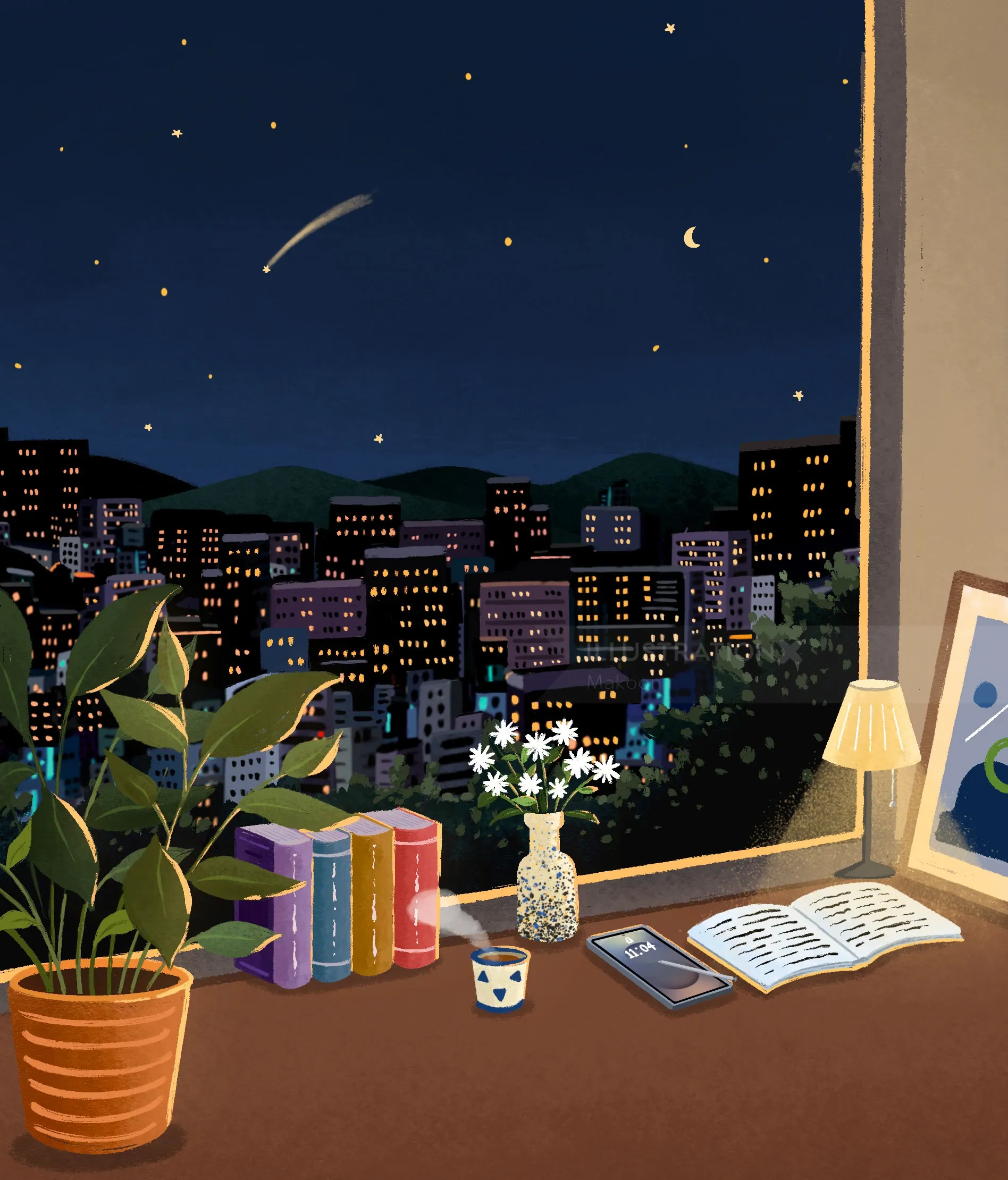 Night cityscape viewed from warm interior with plants, books, and lamp by Makoon
