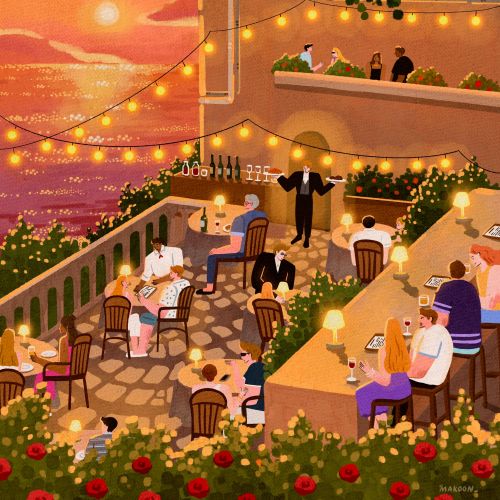 People dining on a seaside terrace at sunset with warm lighting by Makoon