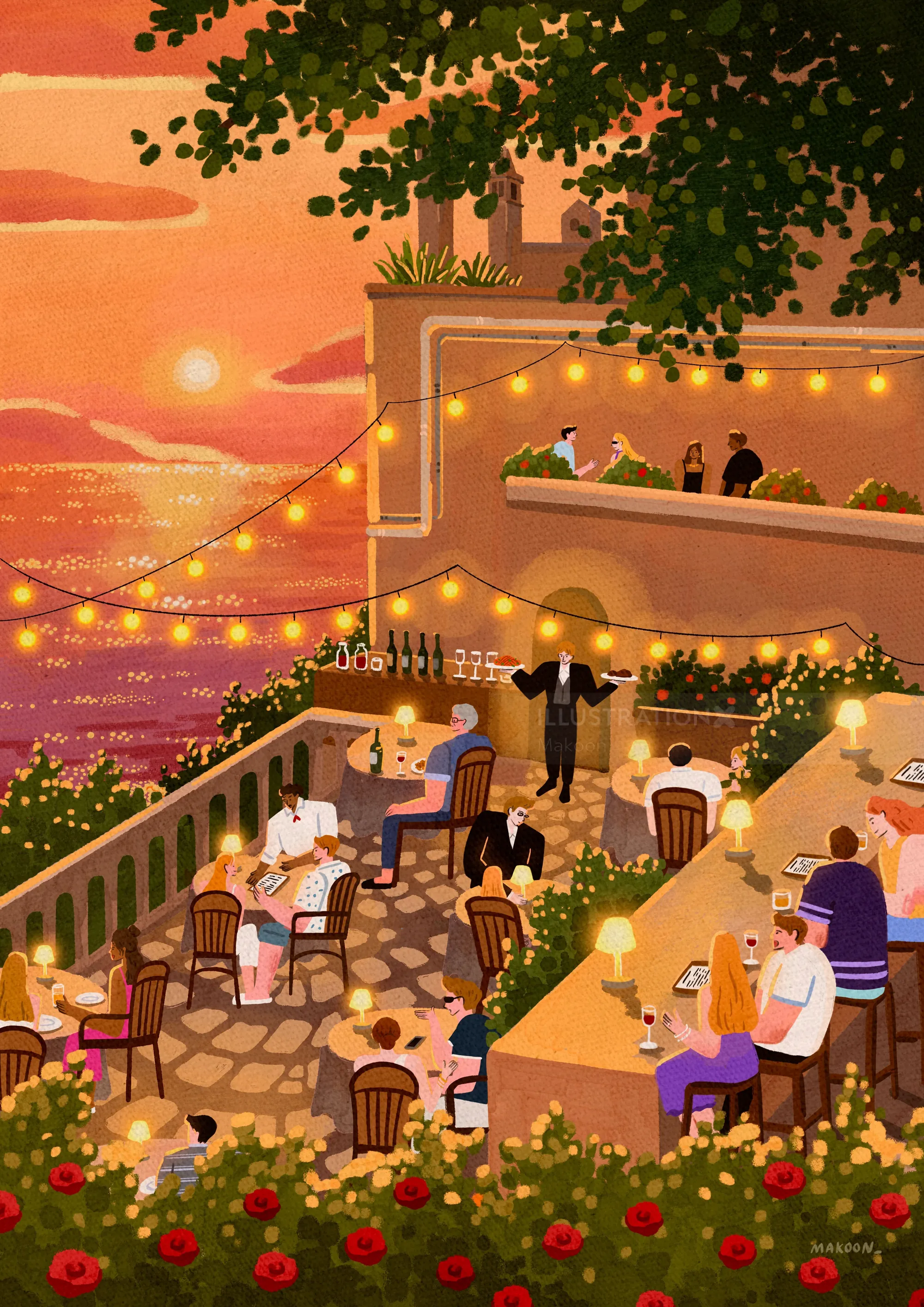 People dining on a seaside terrace at sunset with warm lighting by Makoon