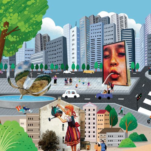 Colorful urban illustration with buildings, sculptures, and giant portraits by Makoon