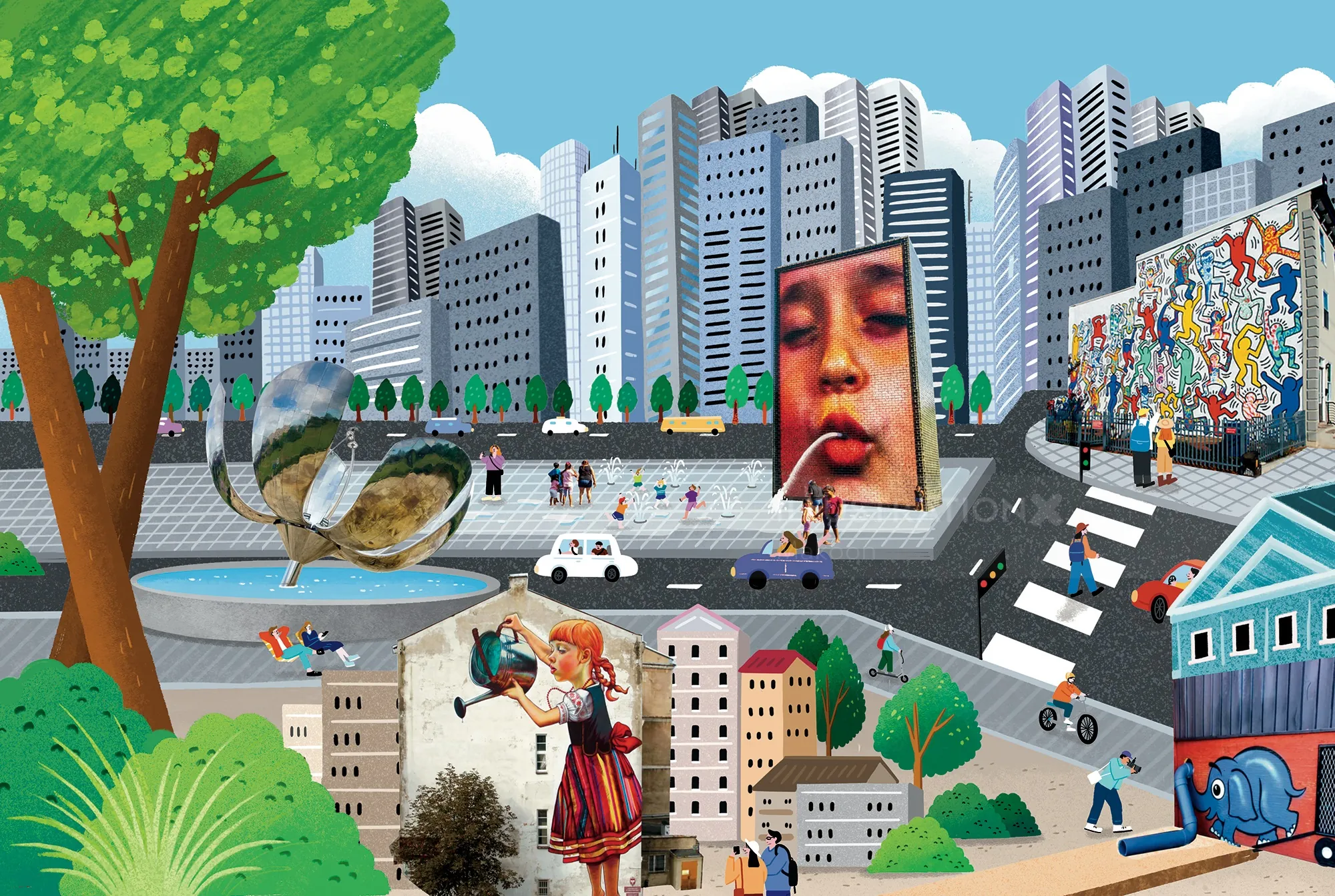 Illustration urbaine colorée avec bâtiments, sculptures et portraits géants par Makoon