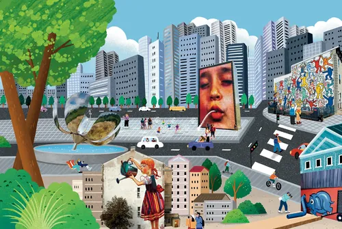 마쿤이 그린 건물, 조각품, 거대한 초상화가 어우러진 다채로운 도시 풍경 일러스트.
