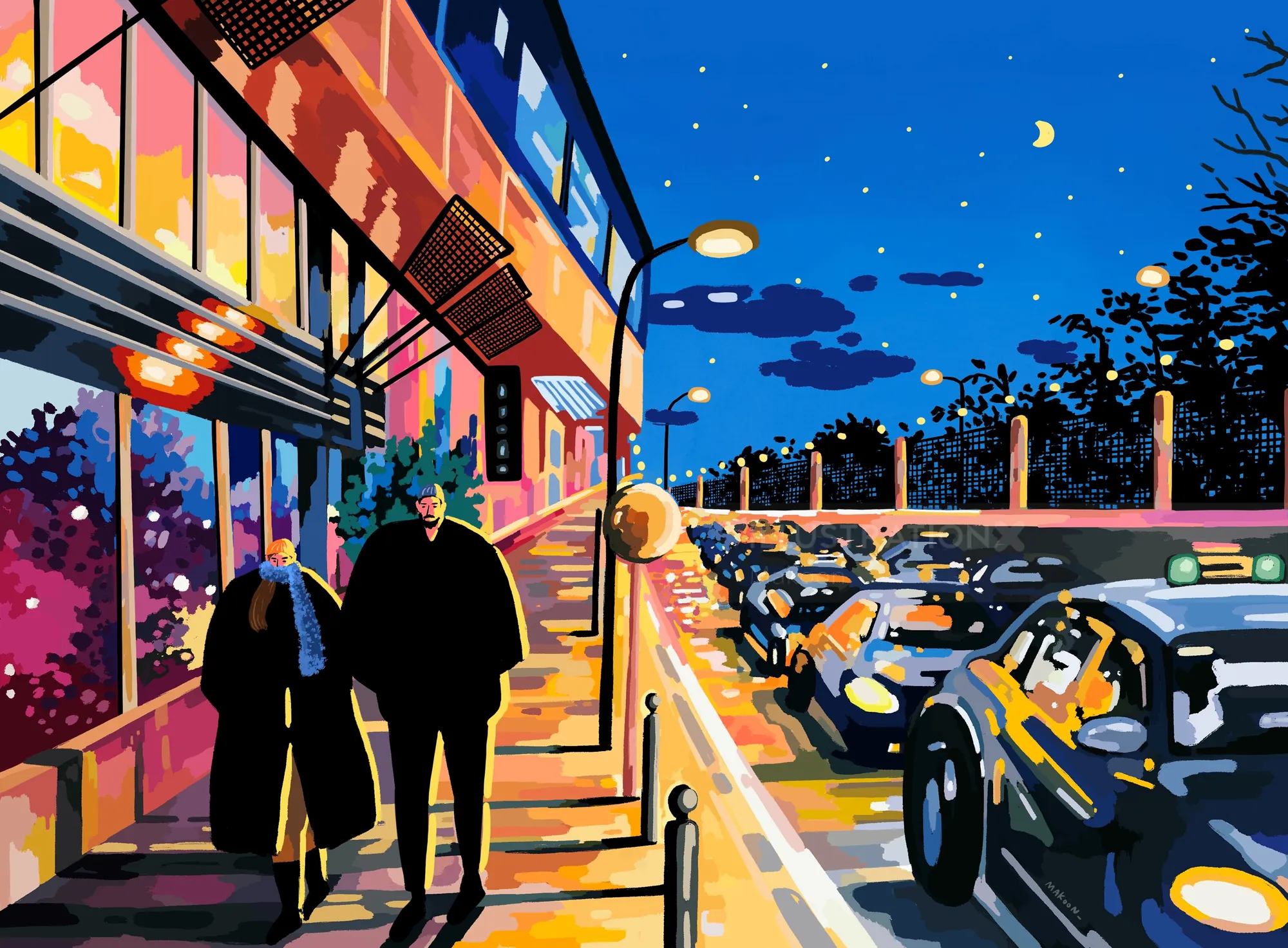 Nighttime city street scene with pedestrians and parked cars by Makoon