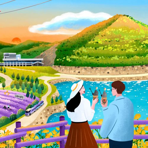 Couple enjoying birds and lavender field in Donghae by Makoon