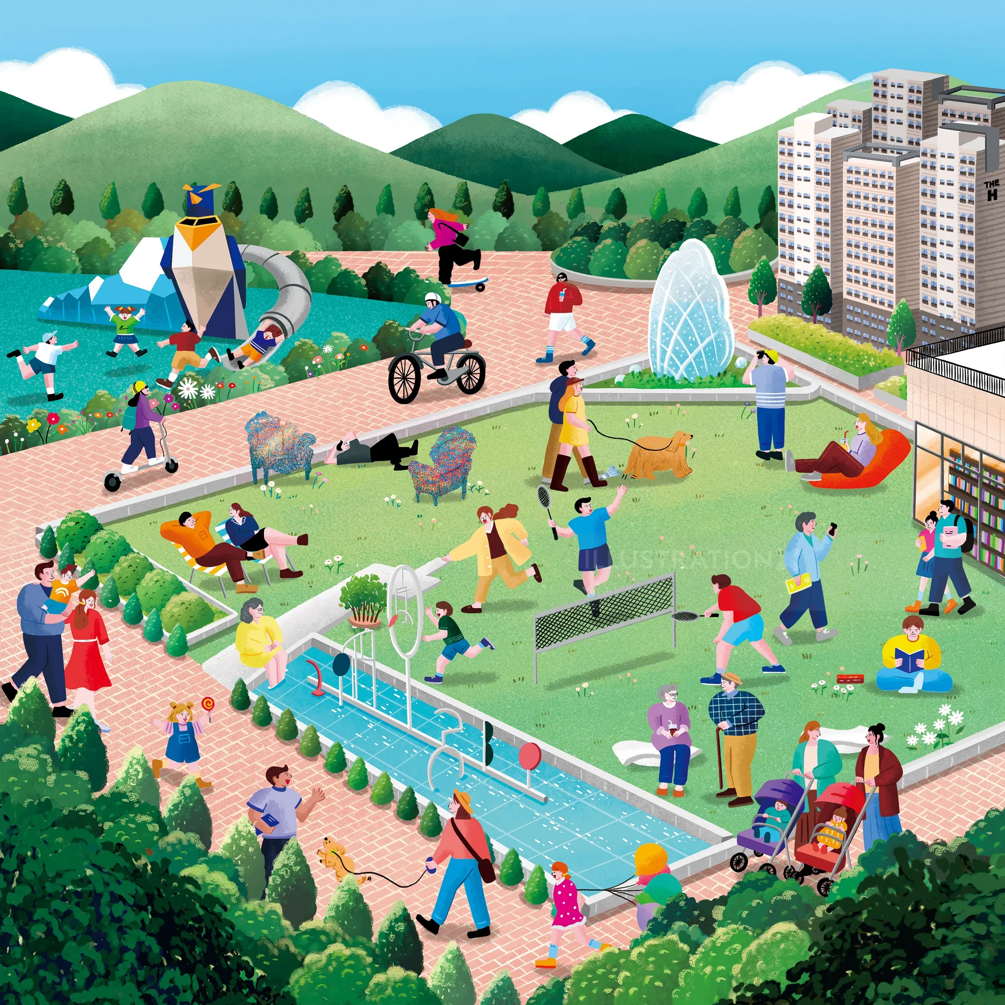 Colorful urban park scene with people walking, biking, and socializing by buildings by Makoon