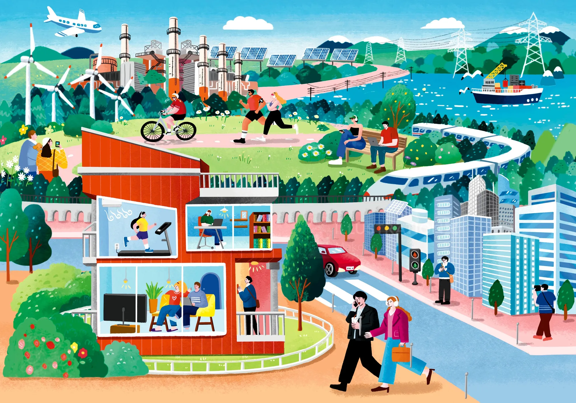 Illustration of sustainable city, green energy, and everyday life by Makoon
