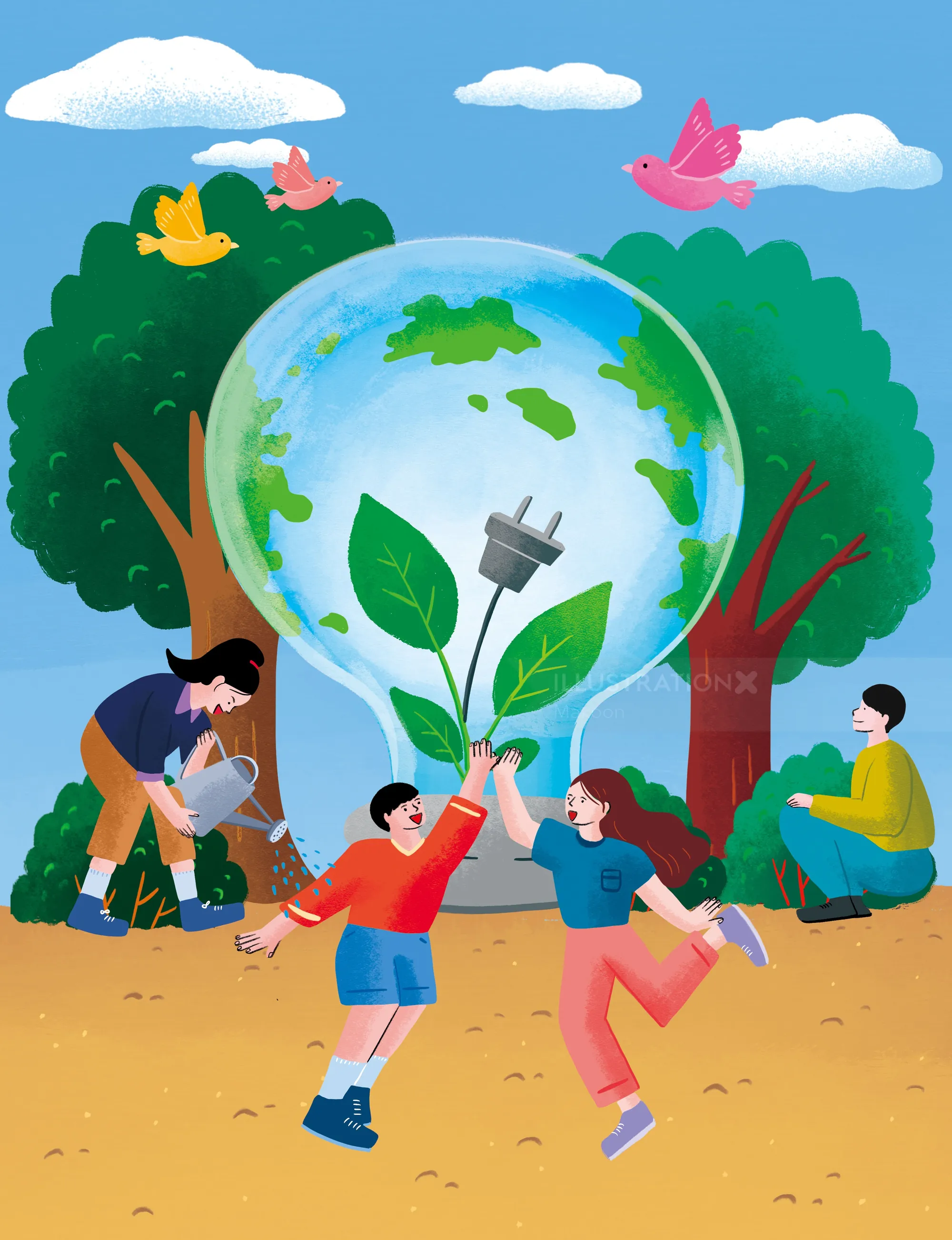 Children nurturing Earth with plants and plug, environmental theme by Makoon