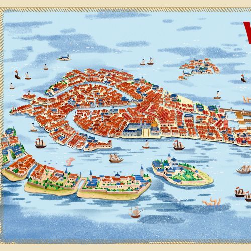 Illustrated map of Venice waterways and architecture by Makoon