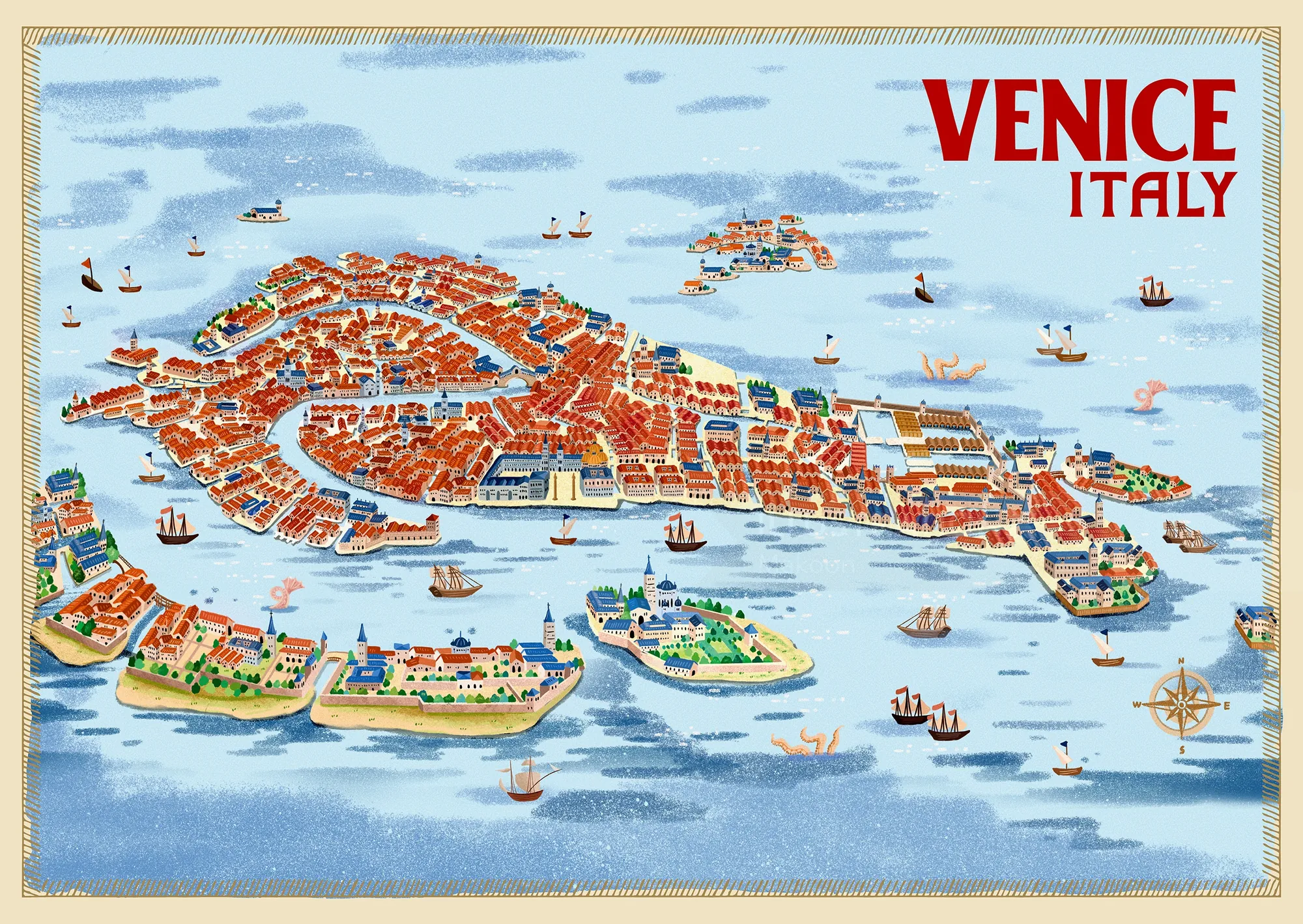 Illustrated map of Venice waterways and architecture by Makoon