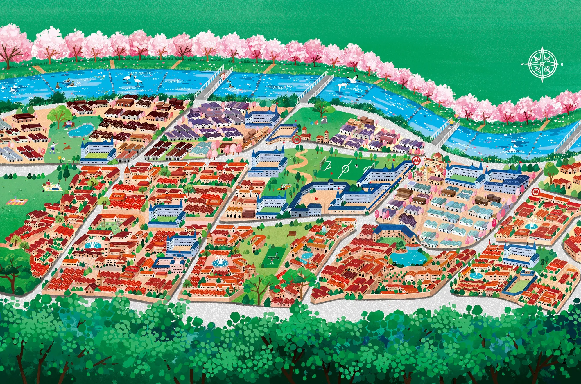 Illustrated city map reimagining Gaepo-dong with Venice-inspired architecture by Makoon