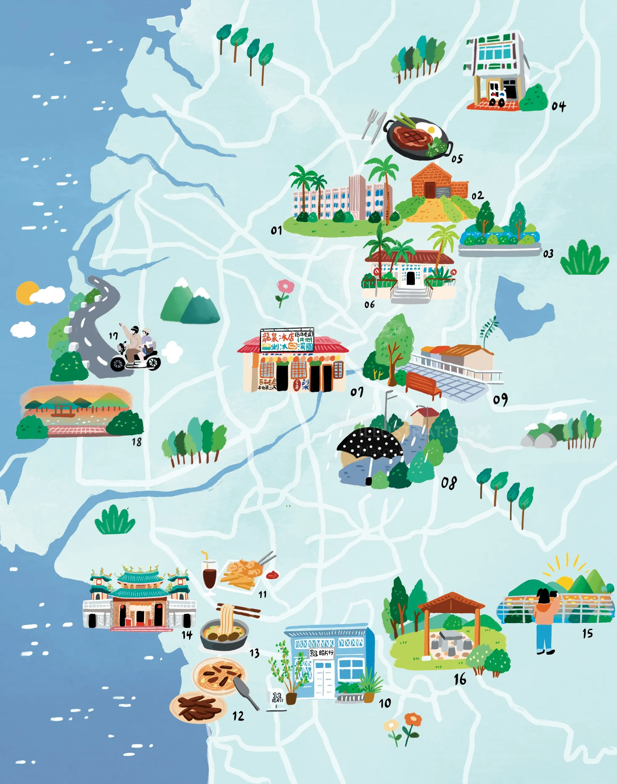 Illustrated map of Taiwan locations with landmarks by Makoon