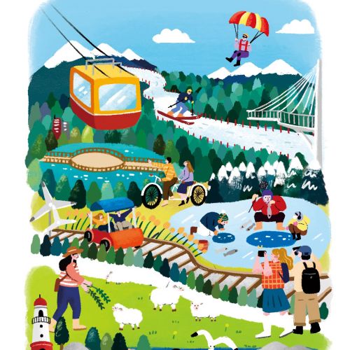 Colorful cover illustration of Gangwon-do tourism activities by Makoon