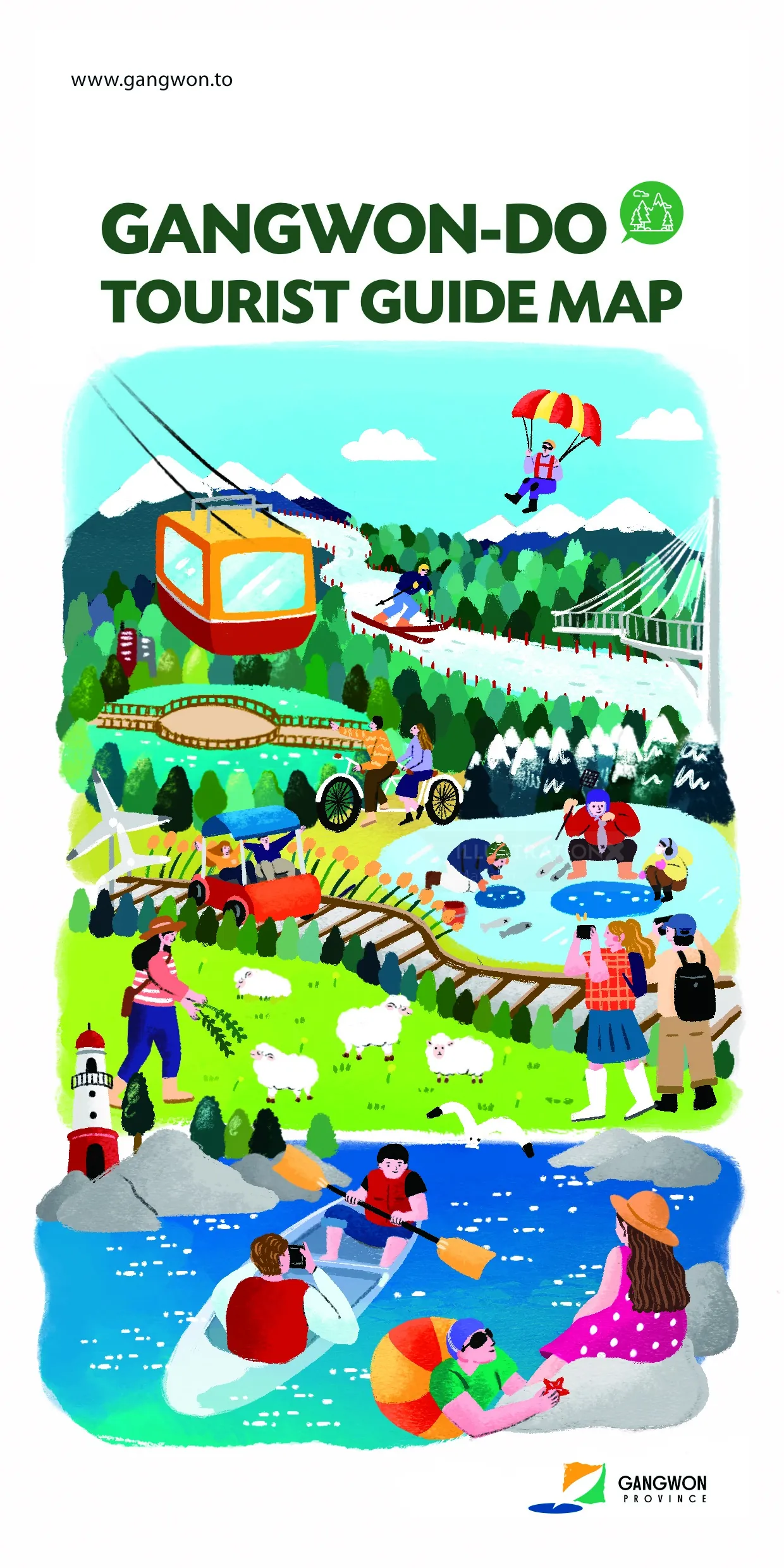 Illustration de couverture colorée des activités touristiques de Gangwon-do par Makoon