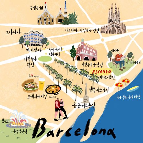Illustrated map of Barcelona landmarks and culture by Makoon