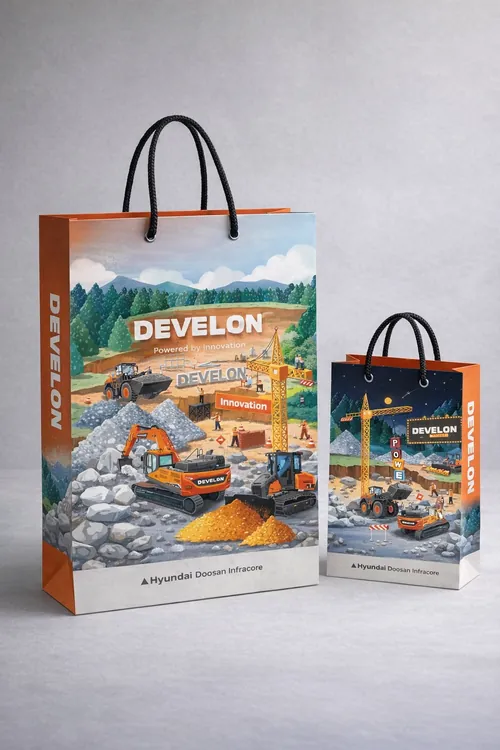 Makoon이 디자인한 DEVELON 브랜드 가방에 건설 장비 이미지가 그려져 있습니다.