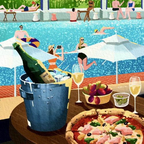 People relaxing and swimming at a sunny poolside with drinks and food by artist Makoon