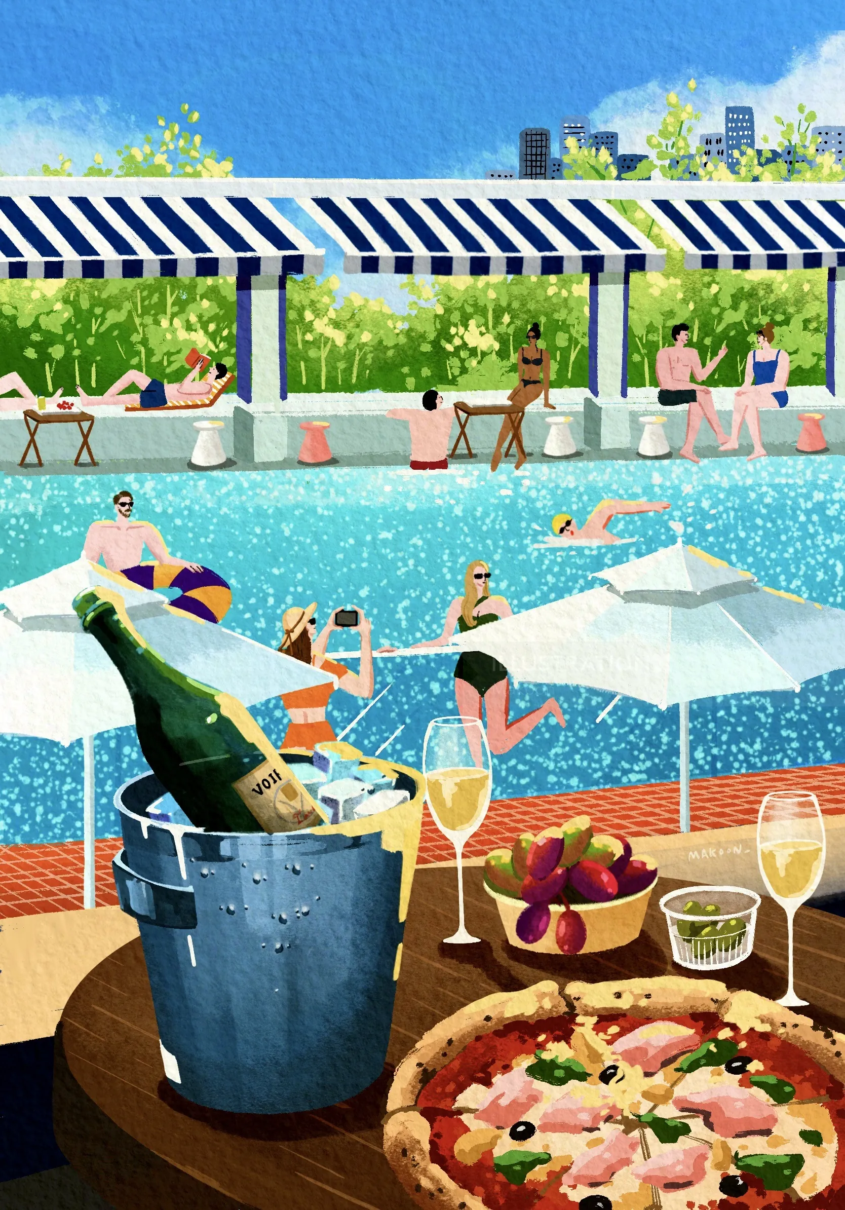 People relaxing and swimming at a sunny poolside with drinks and food by artist Makoon