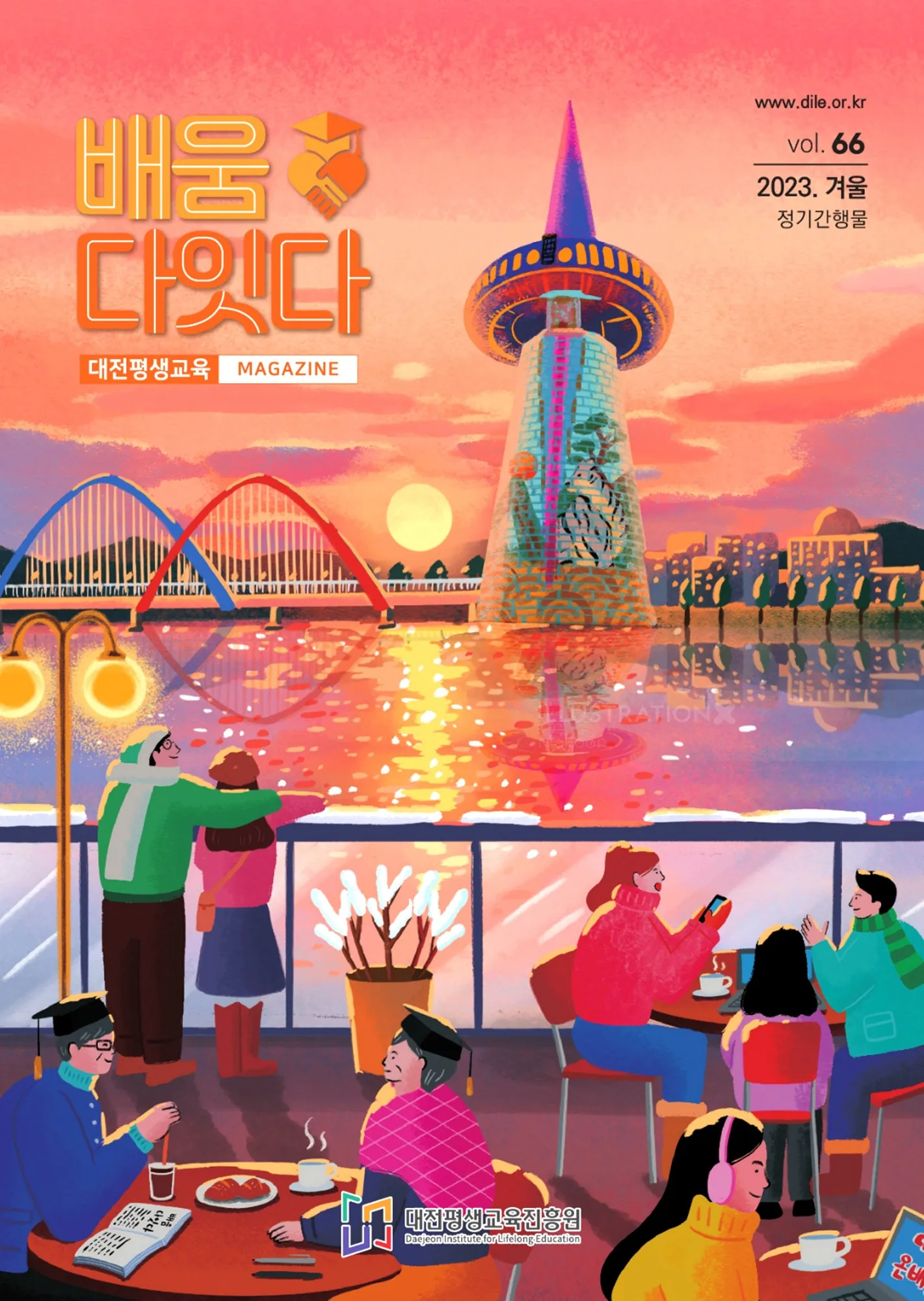 Vibrant cityscape at sunset with people and a tall tower by the water by Makoon