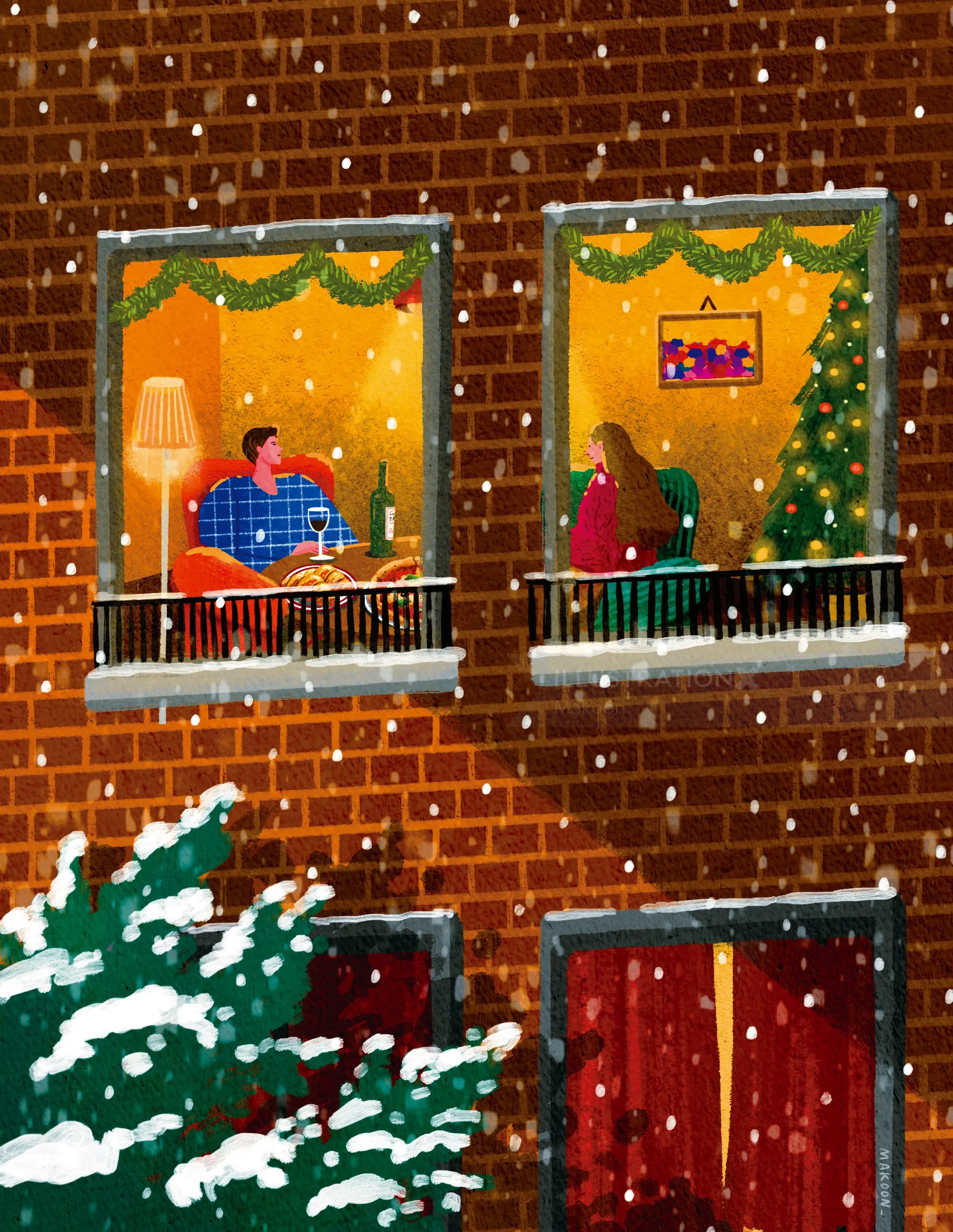 Two apartment windows showing people indoors during a snowy winter evening by Makoon