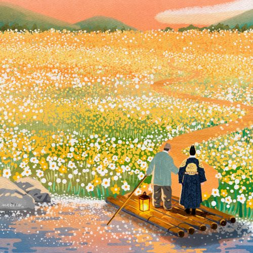 Couple on wooden raft drifting through a bright flower field by Makoon