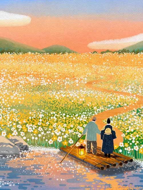 Couple on wooden raft drifting through a bright flower field by Makoon