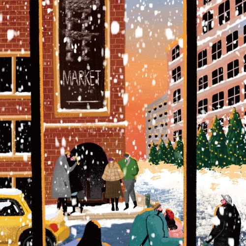 Snowy city street scene viewed from café, by Makoon