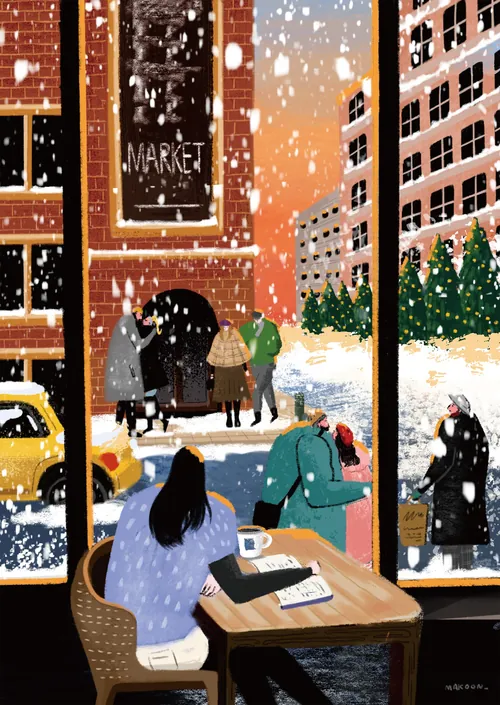 Snowy city street scene viewed from café, by Makoon