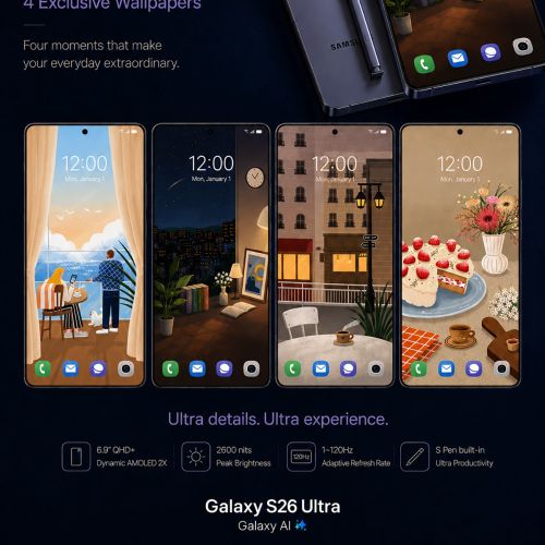 Samsung Galaxy S26 Ultra phone with four lifestyle wallpaper designs by Makoon