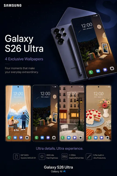Samsung Galaxy S26 Ultra phone with four lifestyle wallpaper designs by Makoon