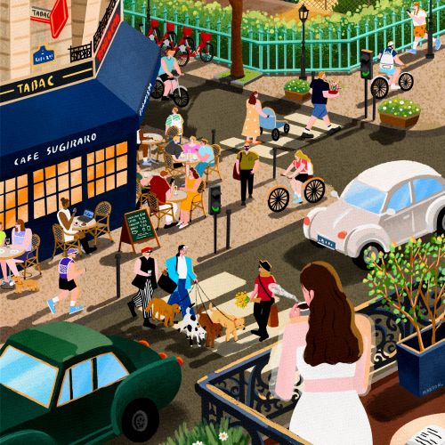 Colorful urban street with café, pedestrians, cars, and park by Makoon