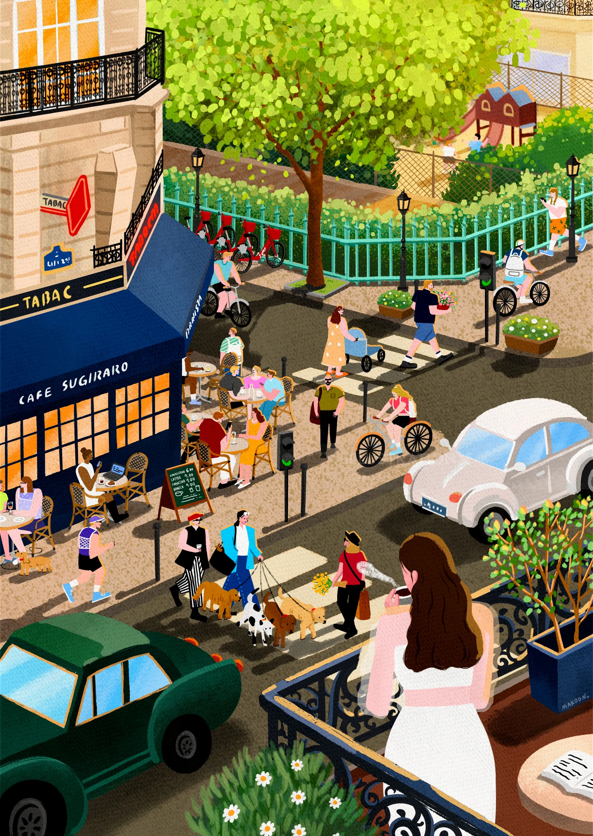Colorful urban street with café, pedestrians, cars, and park by Makoon