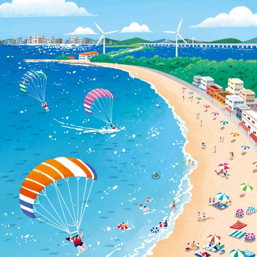 Makoon illustration of a busy Gyeonggi beach with parasailers and wind turbines