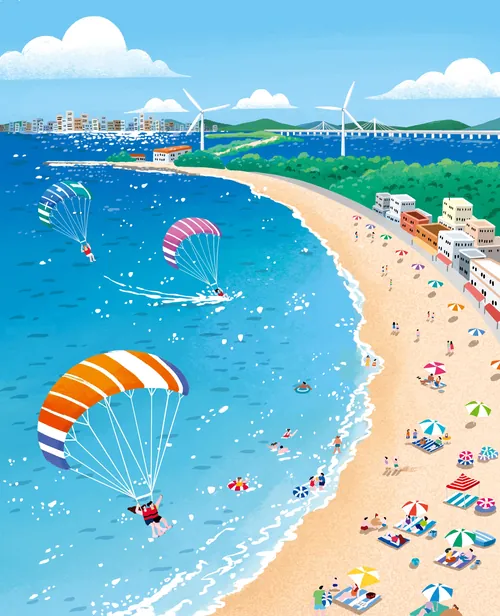 Makoon illustration of a busy Gyeonggi beach with parasailers and wind turbines
