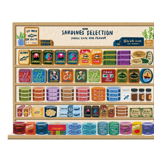Makoon illustration of colorful sardine tins arranged on store shelves