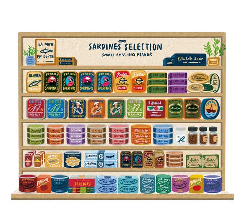 Makoon illustration of colorful sardine tins arranged on store shelves